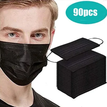 

90pcs Black FaceMask Protect Mouth Non-Woven Face Cover Earloop Breathable Dustproof Outdoor Adult Facemask Respirator Masque