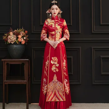 

Red Embroidery Formal&Phoenix Cheongsam Oriental Vintage Hanfu Qipao Overseas Chinese Wedding Dress Noble Toast Clothing