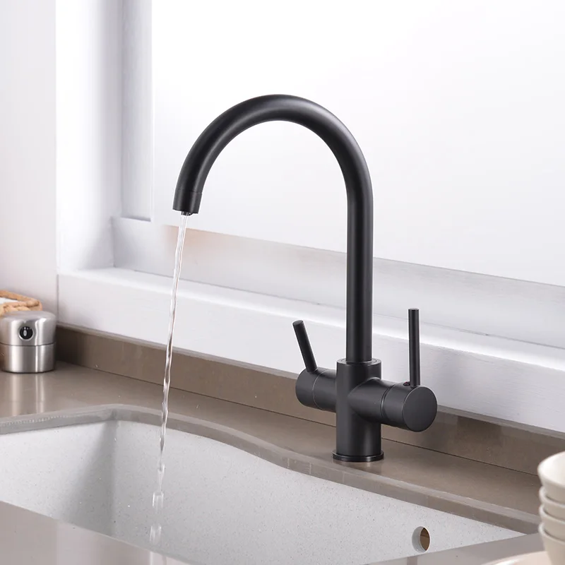 Black ROVATE кухонный кран для питьевой воды, с двойной ручкой, 3 в 1, очиститель воды, кран для раковины, кран для фильтра воды из латуни черного цвета - Цвет: Black