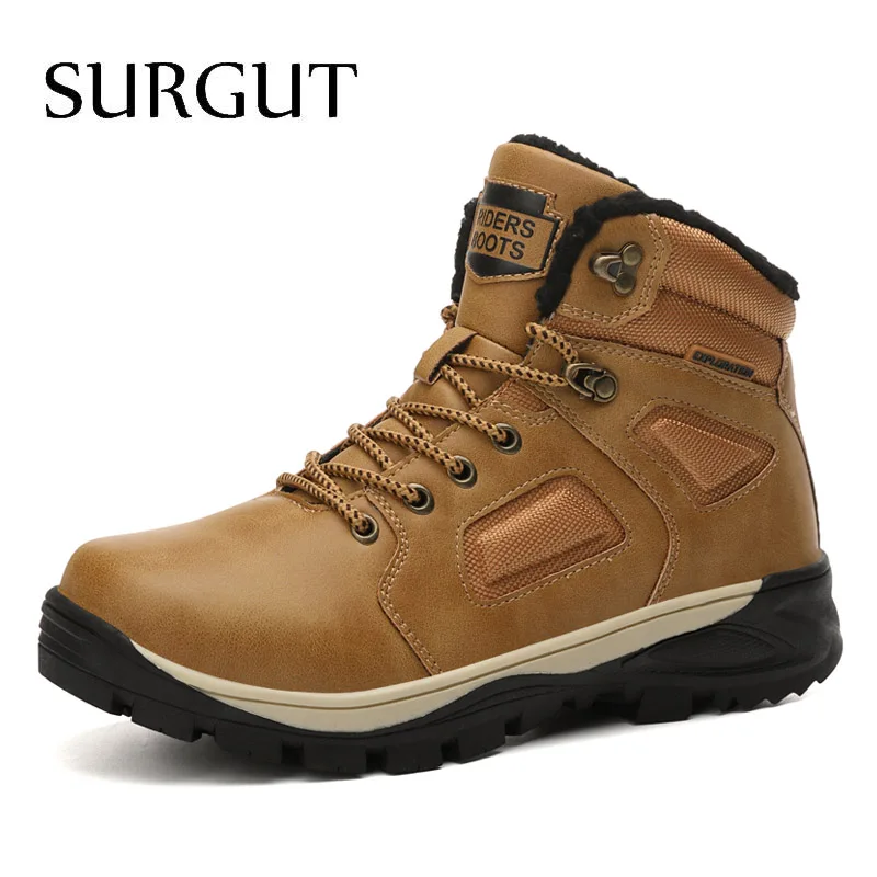 01 Light Brown Зимние мужские ботинки из SURGUT кожи; водонепроницаемые очень теплые зимние ботинки на меху; Мужская Зимняя Повседневная Рабочая обувь; армейские ботильоны - Цвет: 01 Light Brown