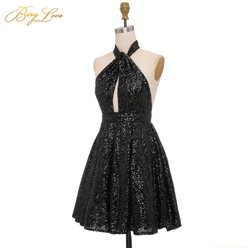 BeryLove блестящее Серебряное платье для выпускного вечера короткое платье трапециевидной формы с открытой спиной для молодых девушек