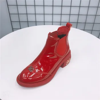 

YeddaMavis Red Boots Warm Winter Boots New Korean Black Patent Leather Women's Boots Plus Velvet Short Snow Boots Woman Shoes