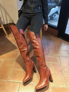 

EMMA KING Women's Winter Crocodile Pattern Boot Sexy Pointed Toe Over-the-Knee Boots Fashion Show Heel Female Shoes Plus Size 43