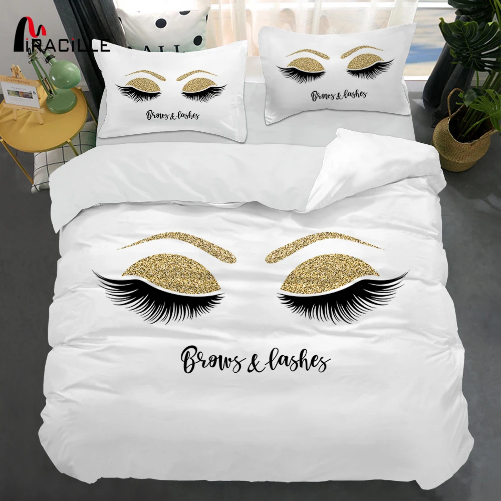 MiracilleEyelashBedLinenGoldandBlackCuteEyesPatternBedding