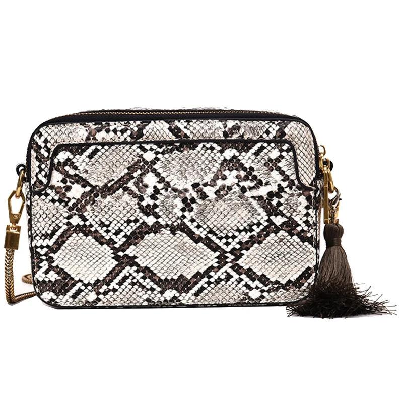 

New Snake Skin Small Square Bag Simple Tassel Handbag Tide Korean Version Of the Shoulder Messenger Bag Light Grey