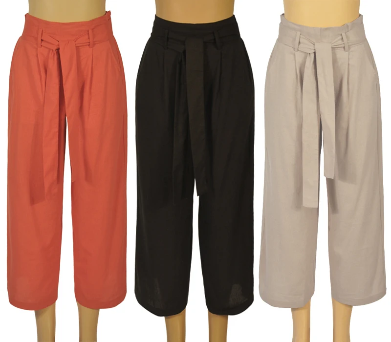 Модные брюки с высокой талией женские брюки с широкими штанинами pantalon femme галстук ремень брюки палаццо повседневные брюки черный, хаки, красный