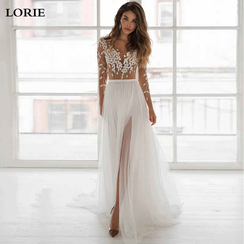 

LORIE Beach Lace Wedding Dresses Lace Applique Long Sleeves Side Split Bridal Gown A Line Boho Wedding Gowns Robe de mariee 2021