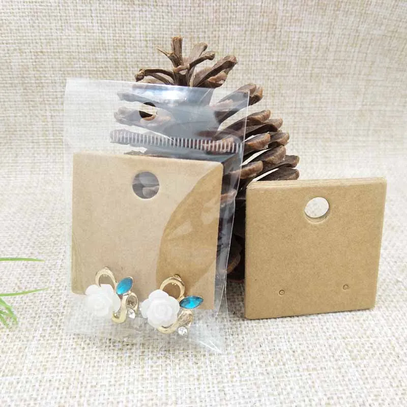 

2018 Cardboard kraft/white square shape 5*5cm stud earring display packing card products show card 100pcs +100 plastic bag match