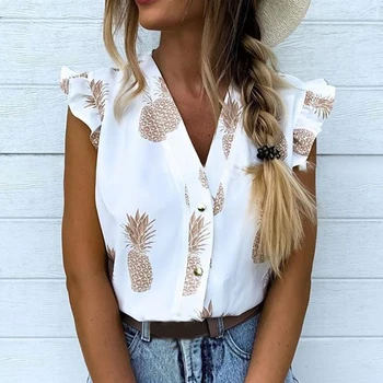 

2020 New Women's Summer V-neck Casual Top Sweet Shirt Pineapple Print Ruffle Sleeve Tops Button T-shirt Short Sleeve Shirt