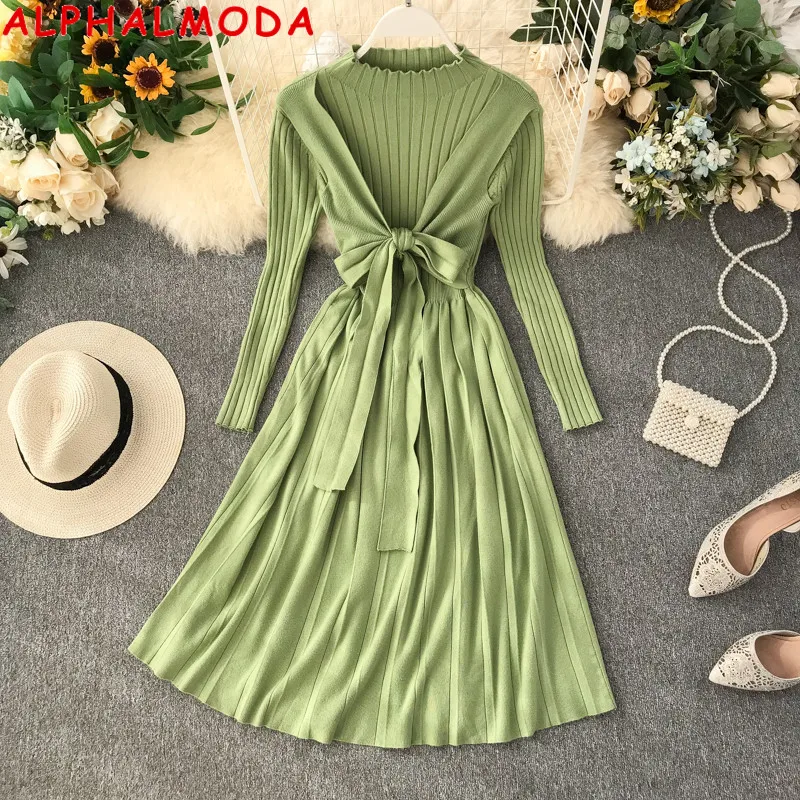 

ALPHALMODA Autumn and Winter New Style Faux 2pcs Knit Dress Bow Sashes Pleated A-line Women Casual Thick Knitting Dress