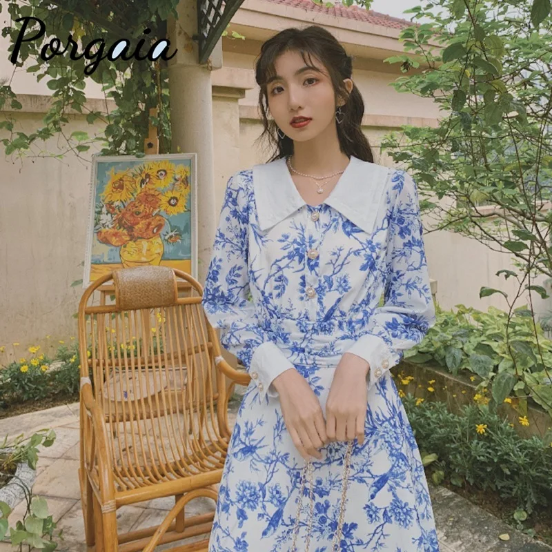 

Porgaia Peter Pan Collar Autumn Empire Lantern Sleeve Ankle-Length Button Full Floral A-Line Vintage Slimming Vintage Dress