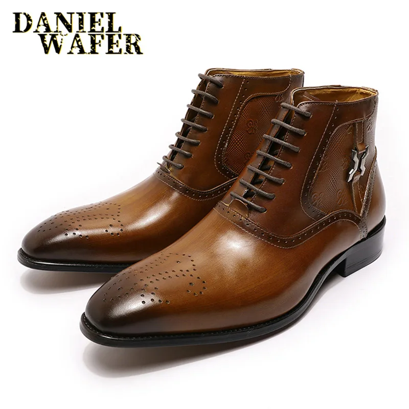 Luxury Men Ankle Boots Genuine Leather Shoes Fashion Printed