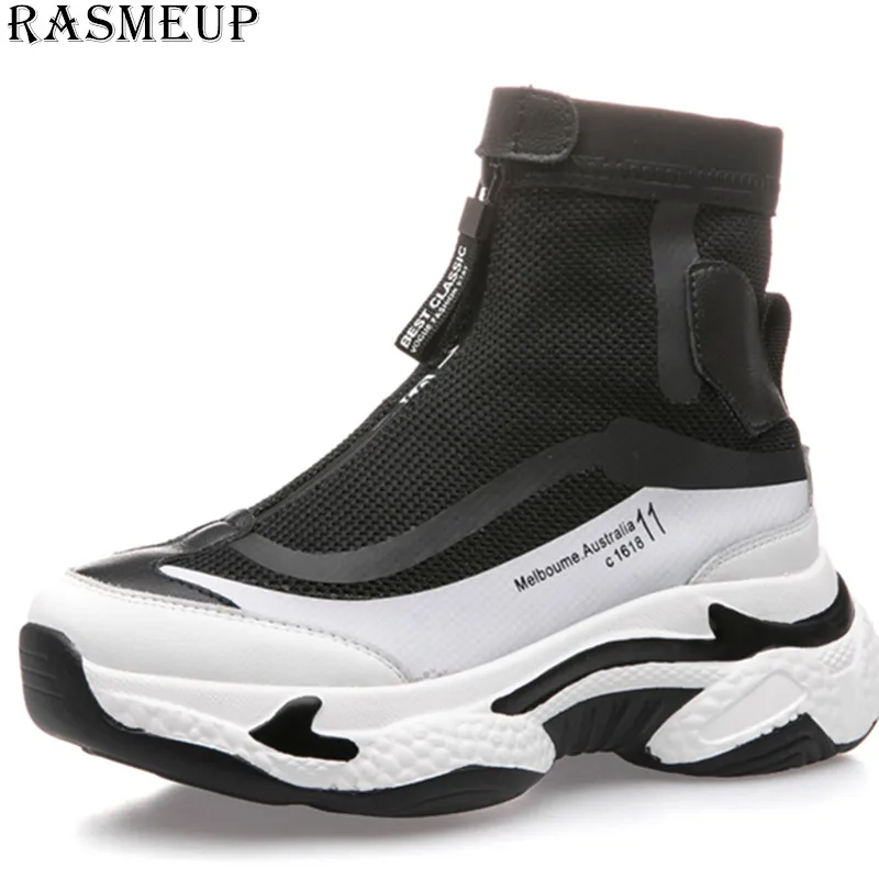 

RASMEUP 2019 Fashion Woman Chunky Sneakers Zipper Breathable Women Platform Shoes Trainers Lady black White Women Sneakers