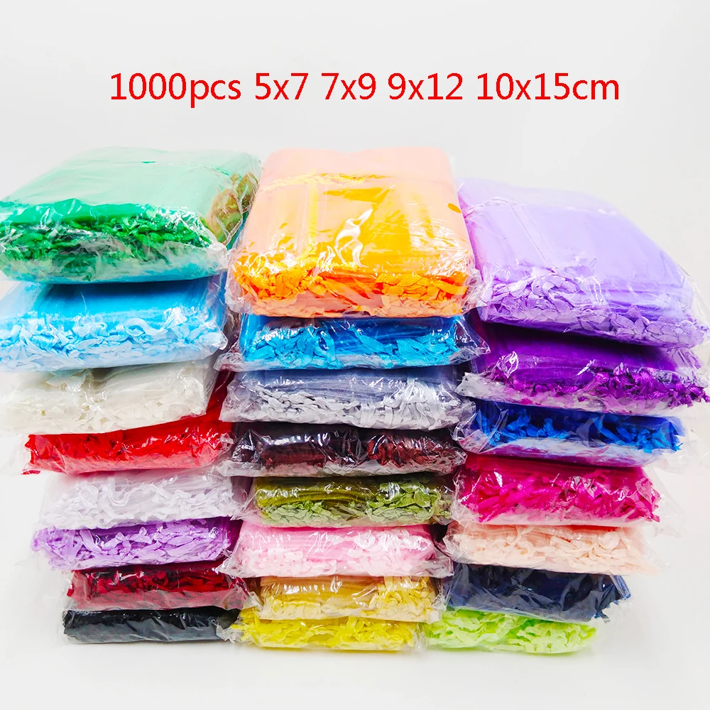 뜨거운 1000 개/몫 5x7 7x9 9x12 10x15cm Drawstring Organza 가방 웨딩 파티 크리스마스 선물 가방 호의 보석 포장 가방 주머니