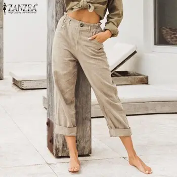 

ZANZEA Women Straight Pants Cotton Solid Zipper Elastic Waist Casual Long Streetwear Pockets Pantalones Bottoms Femme Plus Size