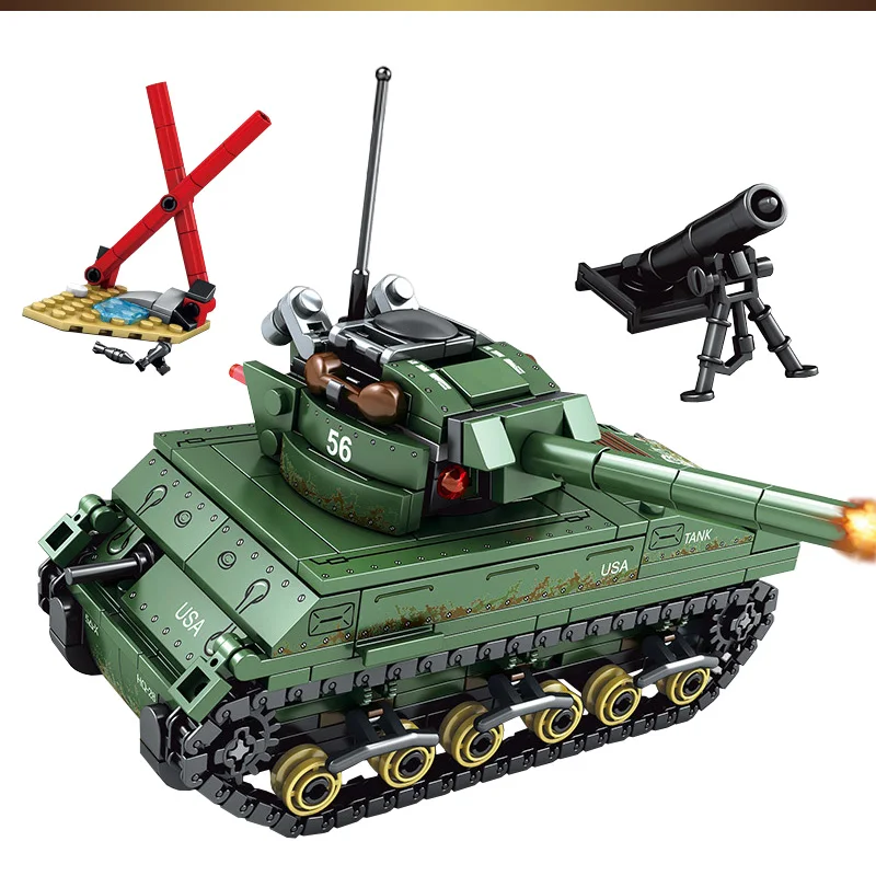 437PCSUSA Sherman M4 Танк строительные блоки техника WW2 Военный Город полицейский солдат