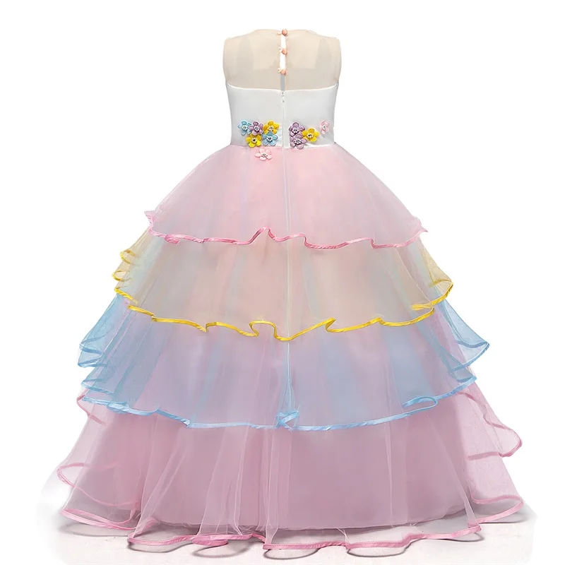 Платье с единорогом свадебное платье подружки невесты для девочек, праздничное платье для детей, нарядная Многоуровневая одежда с радугой для девочек платья, Vestidos, для детей возрастом от 6 до 14 лет