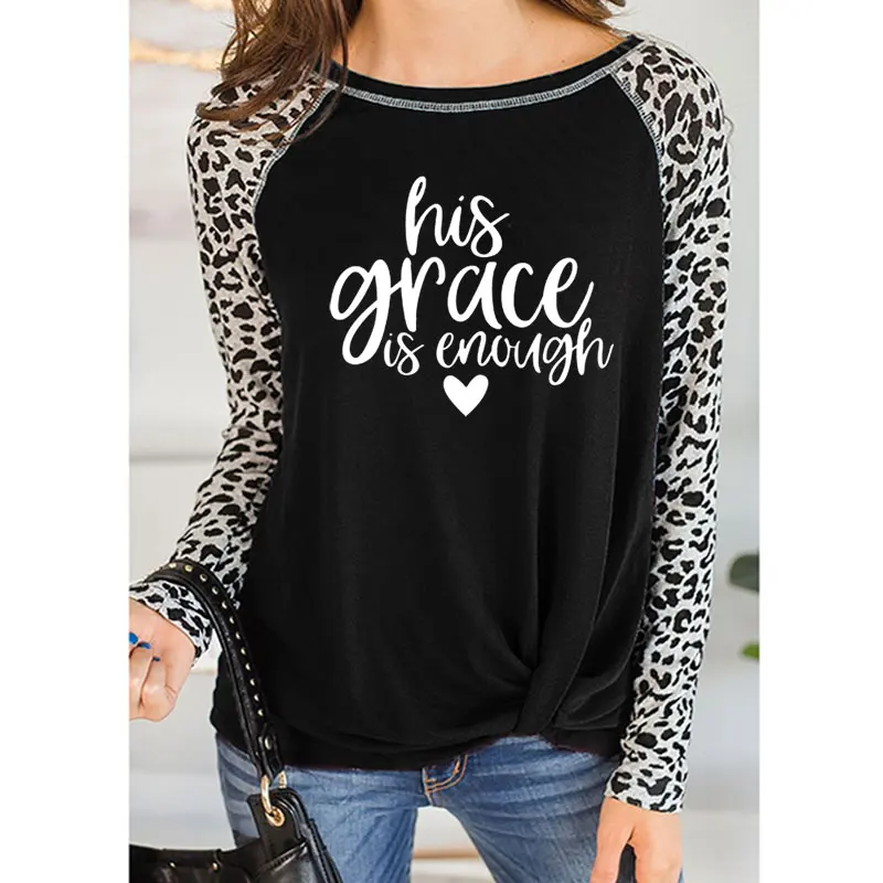Футболка с надписью his grace is enough, футболка с надписью «Christian jesus», топы с надписью «His Grace is enough», Осенний облегающий Леопардовый топ с круглым вырезом - Цвет: 6