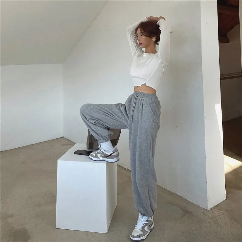 YUANYUANJYCO Autumn Spring Women Baggy Sport Harem Pants Korean Fashion Elastic High Waist Loose White Grey Black Trousers Woman track pants