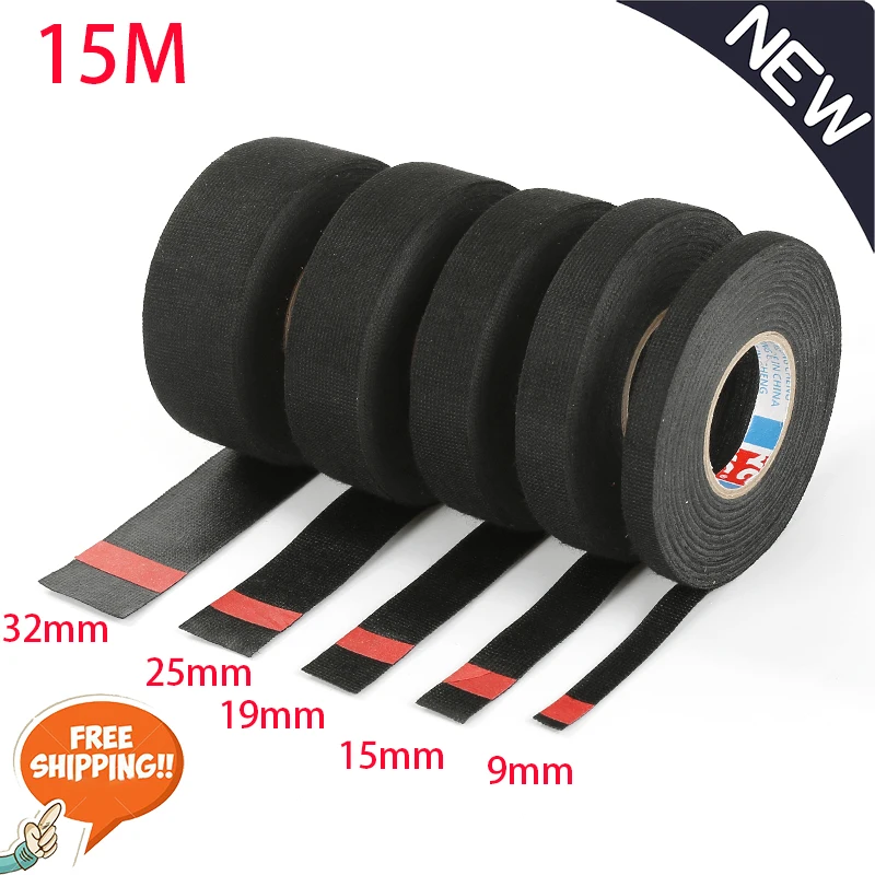 Width 9/15/19/25/32MM Length 15M Heat-resistant Adhesive Cloth Fabric Tape For Car Auto Cable Harness Wiring Loom Protection Hot