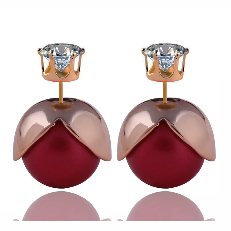 

2016 Classic Double Sides Matt Petal Big Pearl Stud Earrings Unique Design Gold Crown Crystal Ball Earrings For Women Brincos