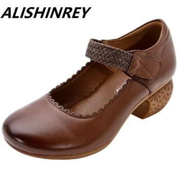 

ALISHINREY 2019 Autumn New Handmade Soft Female Genuine Leather Women Shoes Med Heels Round Toe Ankle Strap Shoes Woman Pumps