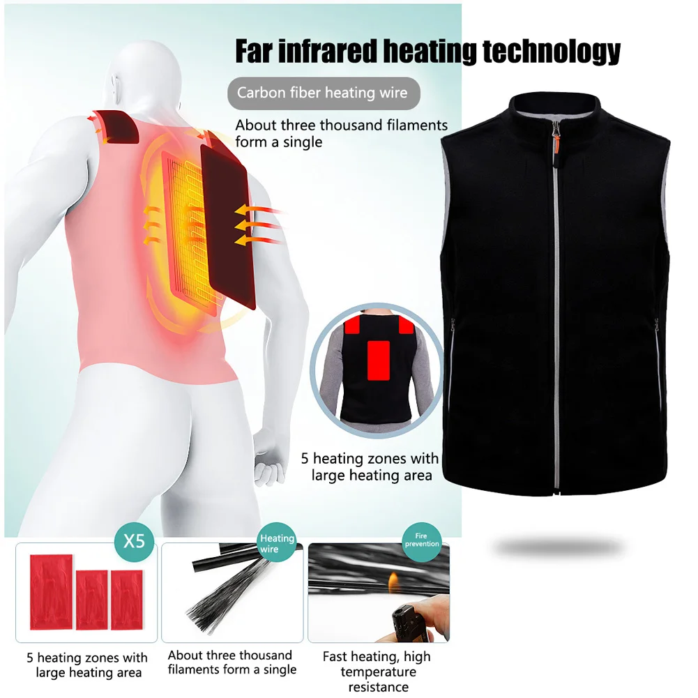 

Men Women Heating Vest Washable Warm Fishing Carbon Fiber Hunting Skiing Electric USB Jacket Waistcoat Thermal Cloth Winter