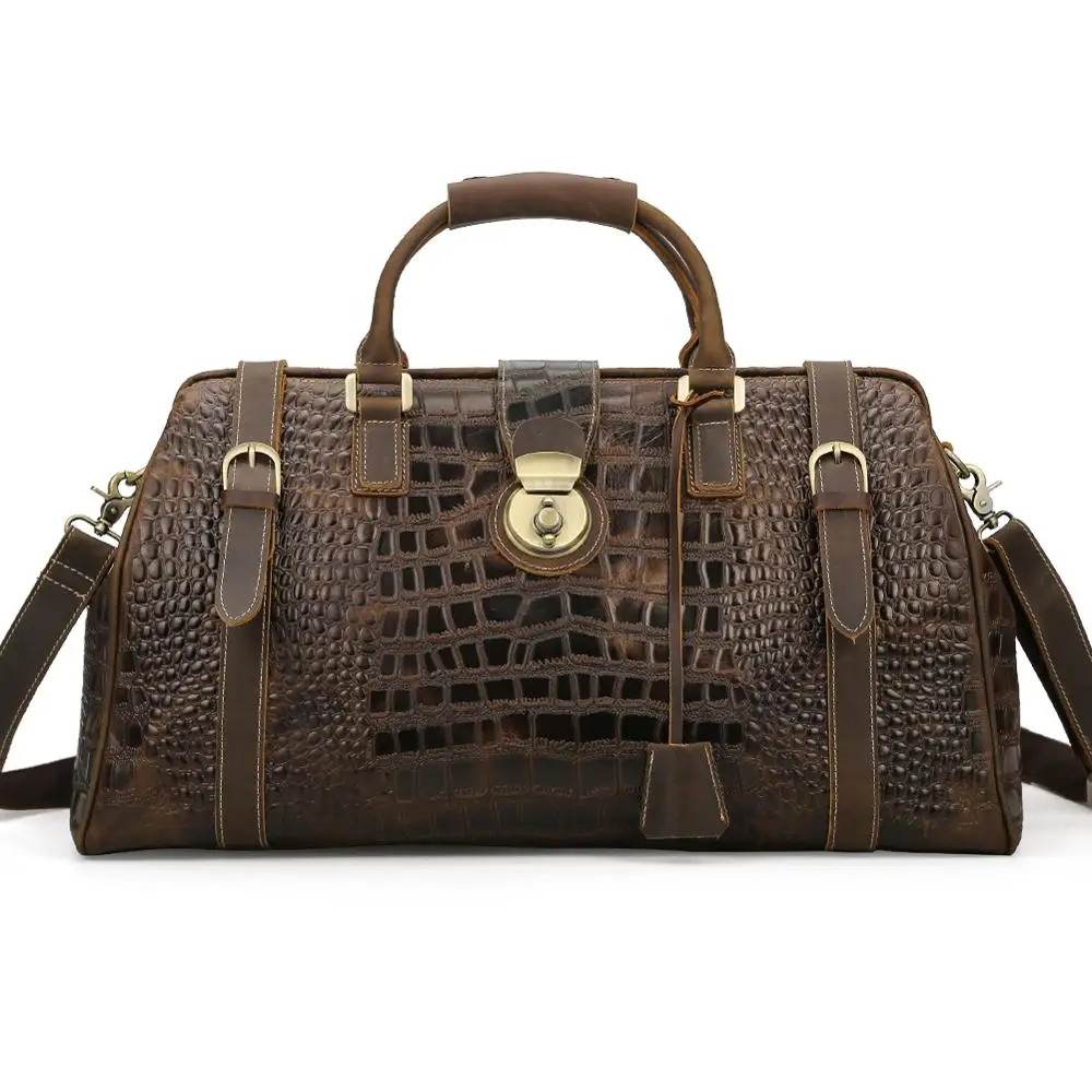 

Men's Genuine Leather Crocodile Pattern Travel Duffle Bag Large Capacity with Lock Shoulder Messenger Crazy Horse Leather Tote