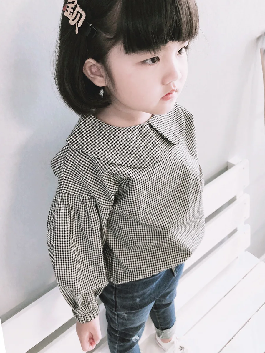 

Girl'S Shirt Plaid Peter Pan Collar Shirt Tops 19 Spring And Autumn New Style Childrenswear 3-8-Year-Old