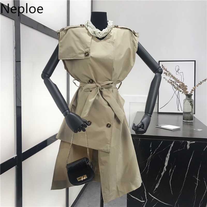 

Neploe Korean Wild Irregular Slim Fit Suit Collar Femme Fashion Sleeveless Lace Up Party Trench Autumn Solid Long Coat 45748