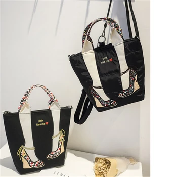 

Fashion Embroidery Women Mini Backpack High Heel Pattern Adjustable Crossbody Shoulder Bags Canvas Cute Zipper Totes Handy Bag