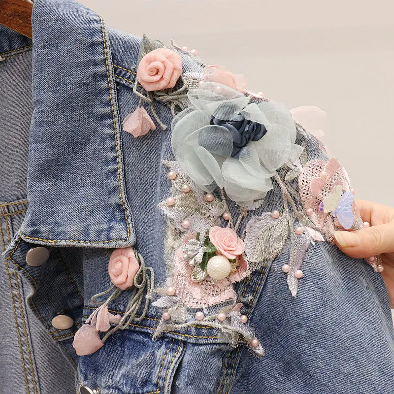 Женские джинсовые куртки LUOSHA Осенние однобортные повседневные топы с вышивкой