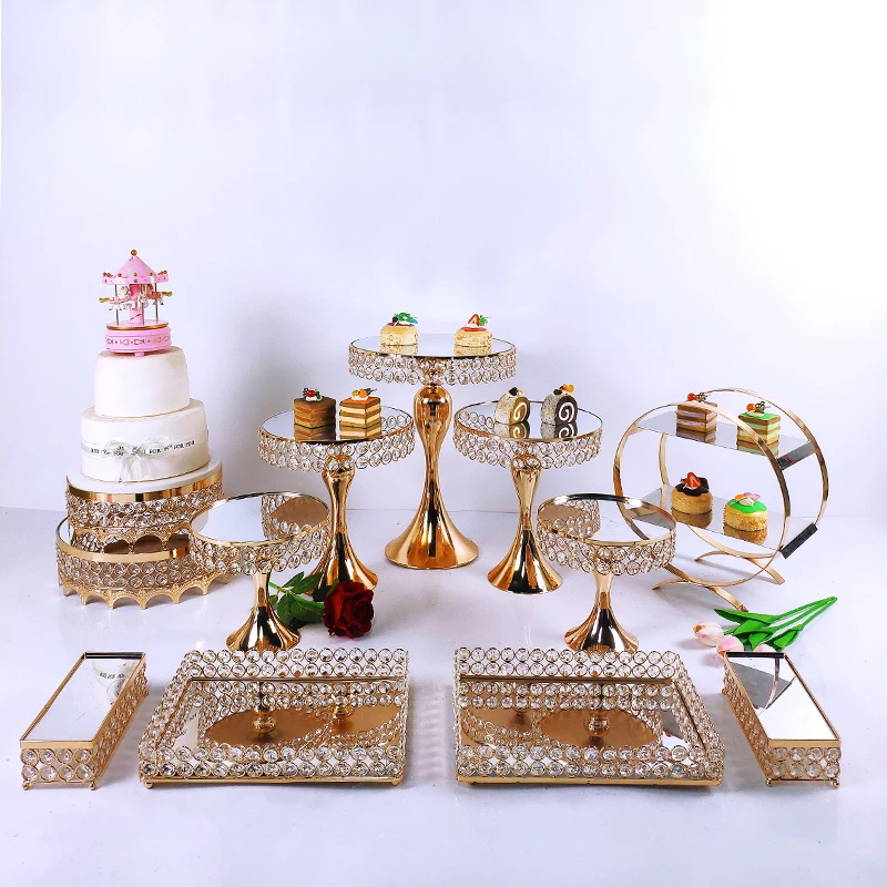 

6-16pcs Crystal Metal Cake Stand Set Acrylic Mirror Cupcake Decorations Dessert Pedestal Wedding Party Display Tray