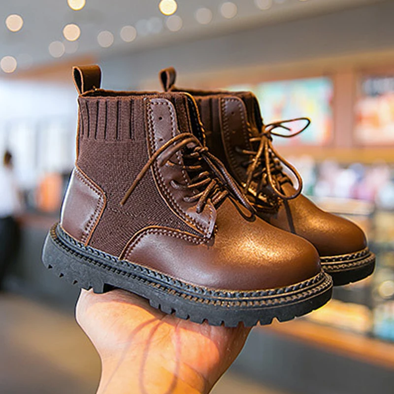 Brown cotton Ботинки martin; Новинка года; Детская школьная обувь; вязаные кожаные ботильоны; нескользящие ботинки; Школьная обувь для мальчиков и девочек - Цвет: Brown cotton