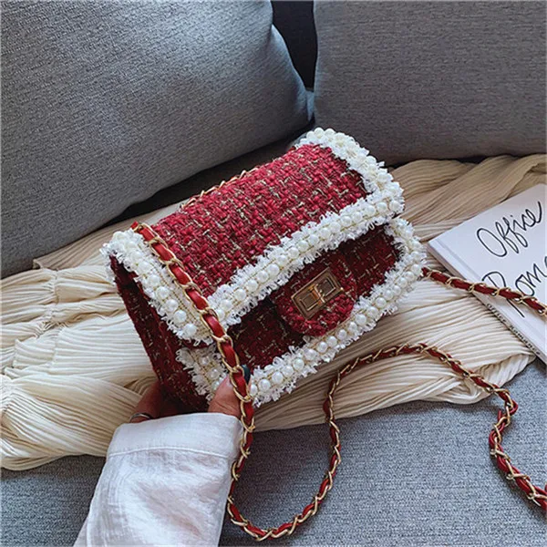 RedPlaid Style 2 TOYOOSKY зимняя модная Новая женская квадратная сумка высокого качества шерстяная жемчужная женская дизайнерская сумка женская сумка через плечо - Цвет: RedPlaid Style 2