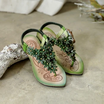 

Flip Flop Women Sandals Leather Flat Heels Summer Shoes For Women Green Flower Beach Sandals Soft Genuine Leather Handmade Shoes