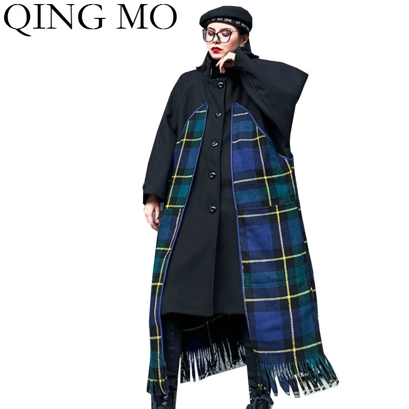 QING MO зимнее женское Шерстяное Пальто 2019 клетчатое лоскутное пальто с кисточками
