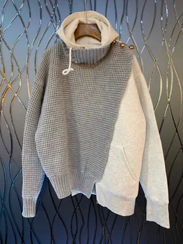 

2019 New Fashion Casual Special Women Hooded Pullover Sweaters Two Colors Gray & Khaki Patchwork