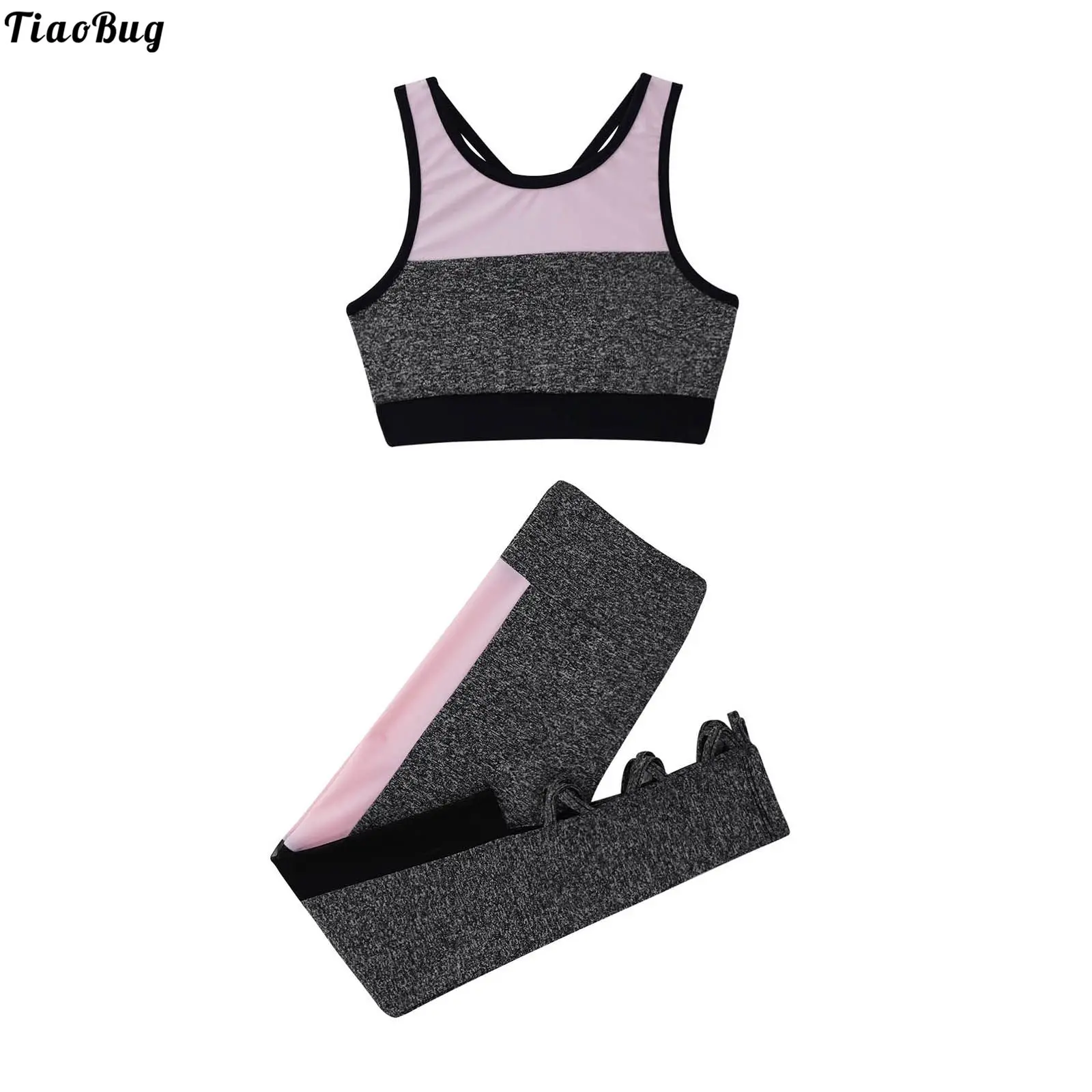 

TiaoBug 2Pcs Kids Girls Sport Outfit Open Back Color Contrast Patchwork Sport Vest And Pants Set Tracksuit For Yoga Running Gym