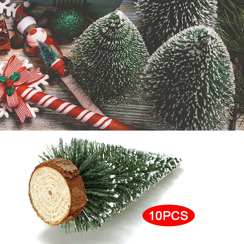 SOLEDI 10pcs Beautiful Santa Tree Village Putz House Ornament Home Artificial Xmas Tree Sisal Bottle Brush Mini Plastic