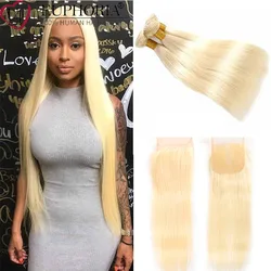 613 Brazilian Remy Human Hair Bundles With Lace Closure Ombre Platinum Blonde Straight Hair Bundles With Closure 4x4 EUPHORIA