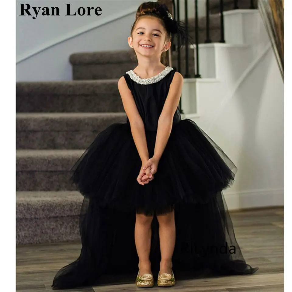 

Black Short Front Long Back Flower Girl Dresses For Weddings Kids Evening Party Gowns First Communion Dress Princess Vestidos