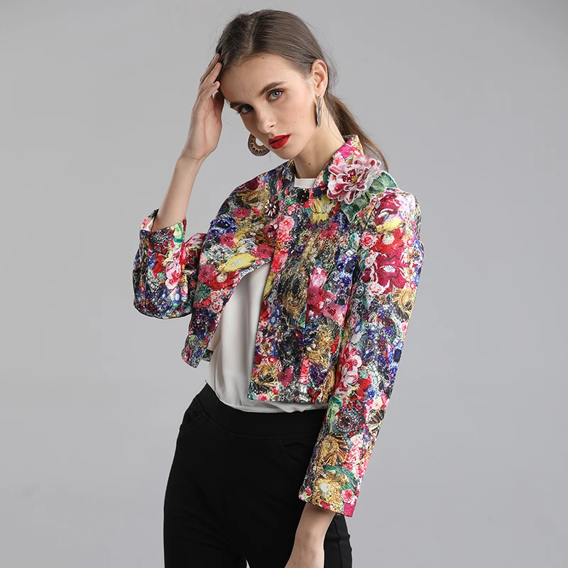 AELESEEN,, весенняя, подиумная, Цветочная серия, на одной пуговице, короткая куртка для женщин, высокая уличная, роскошная, с кристаллами и цветочной аппликацией, топы