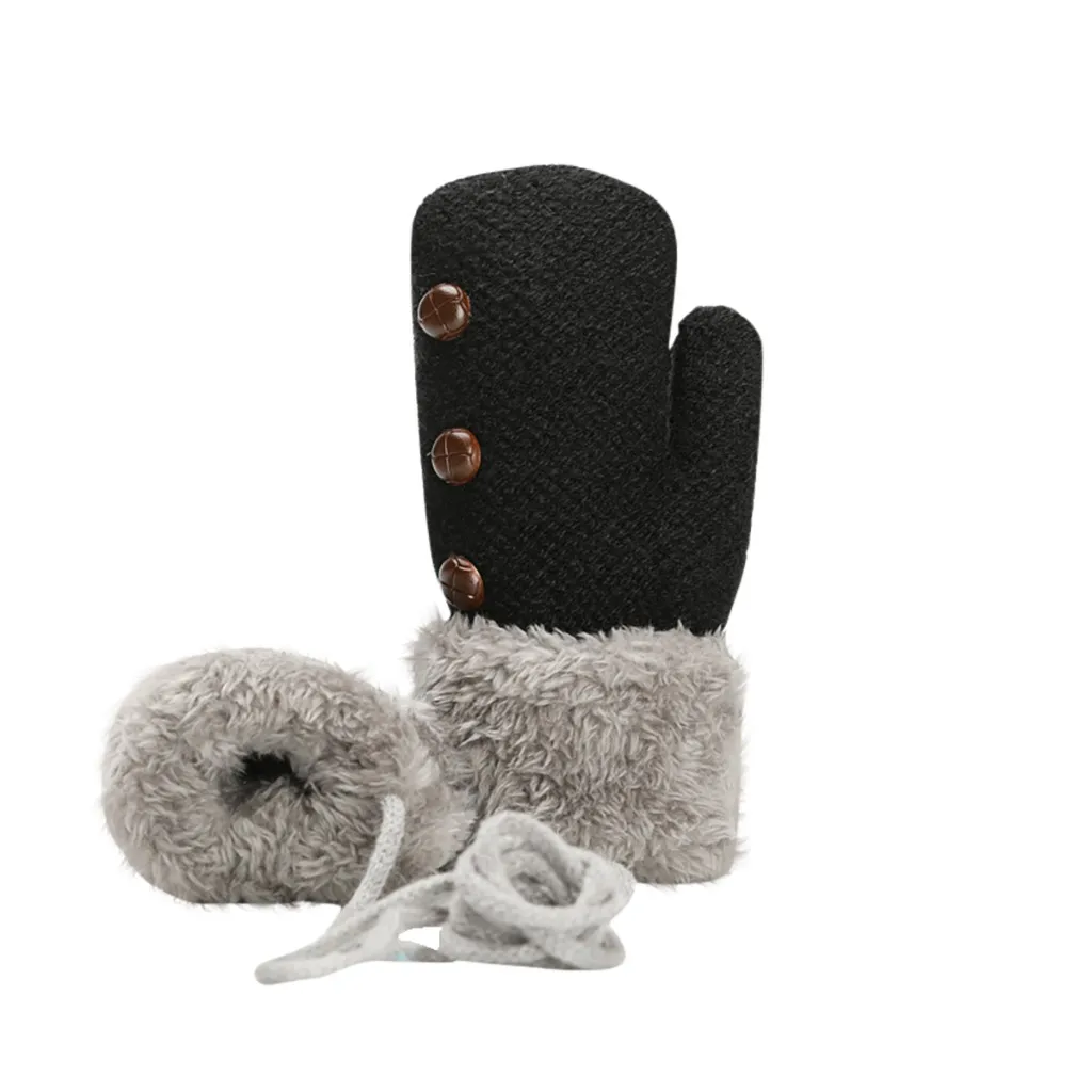 Меховые плюшевые Утепленные перчатки для детей, для мальчиков и девочек, теплые рукавицы с длинными пальцами, с подвеской на шею, с завязками, Rekawiczki Zimowe, детские перчатки
