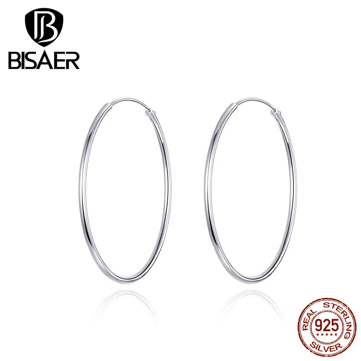 Большие серьги BISAER, распродажа, 925 пробы, серебряные, большие круглые серьги-гвоздики для женщин, гипербола, стильные ювелирные изделия ECE710