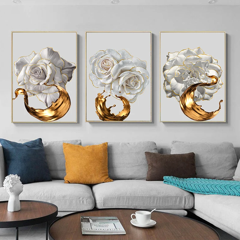 White-Rose-Flower-Golden-Ink-Splash-Abstract-Poster-Nordic-Art-Plant-Canvas-Painting-Modern-Wall-Picture