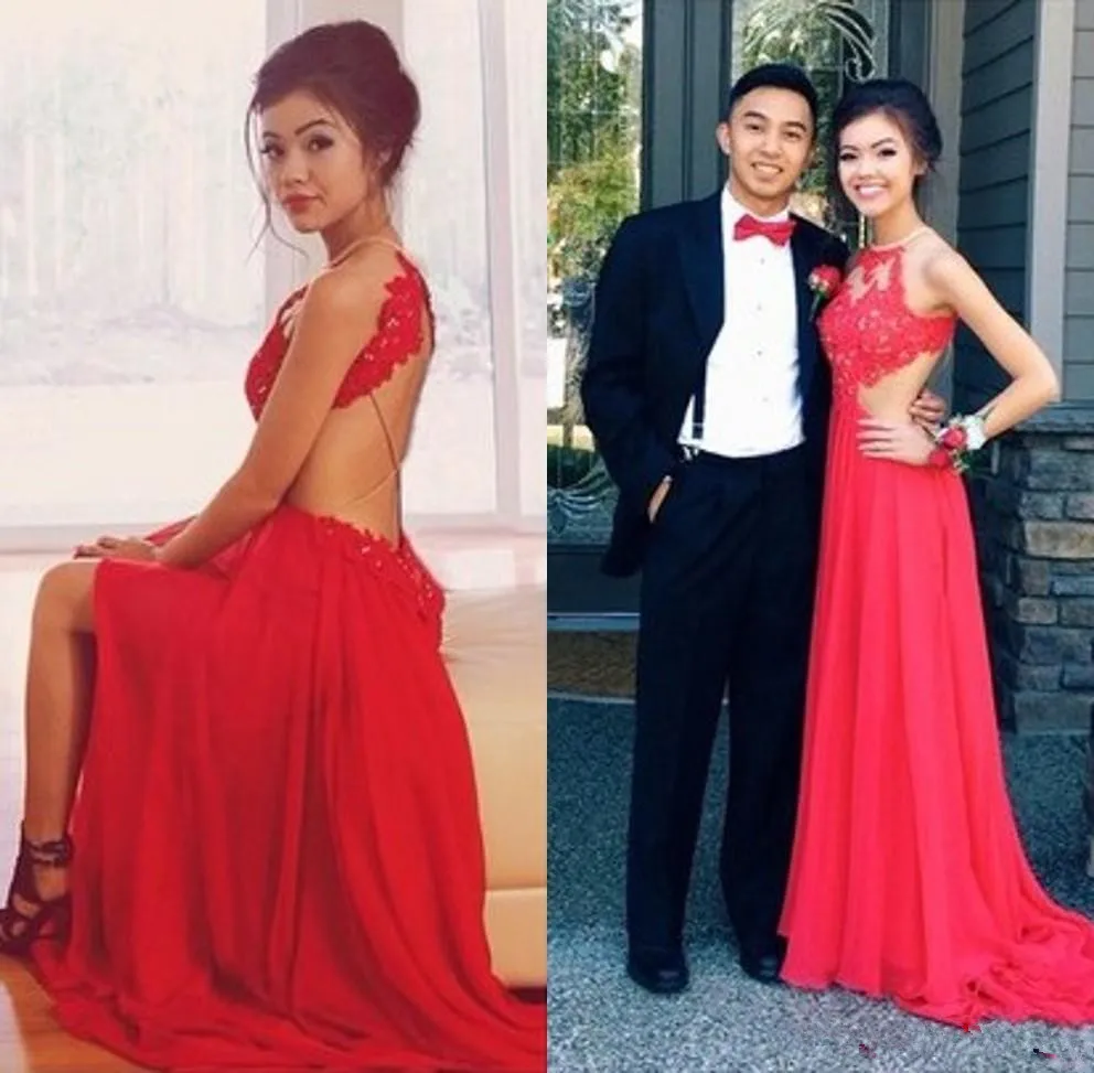 

New Sexy Style Backless Red Evening gown halter Lace Chiffon Front Slit Floor Length Long Prom Party Dress Custom prom dresses