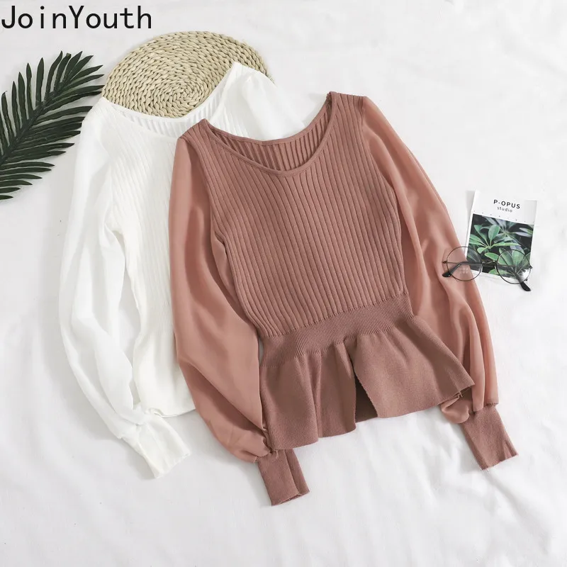 JoinYouth Sweet Solid Women Sweaters Ruffles Chiffon Patchwork Short Pullovers Fashion 2020 Autumn Female V Neck Pull Femme J262 | Женская