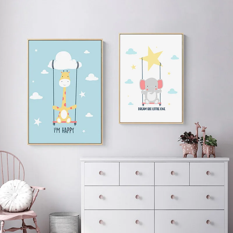 Милые животные Холст плакат воздушный шар жираф слон для детской комнаты настенный художественный принт живопись скандинавские Дети Детская спальня украшения картины