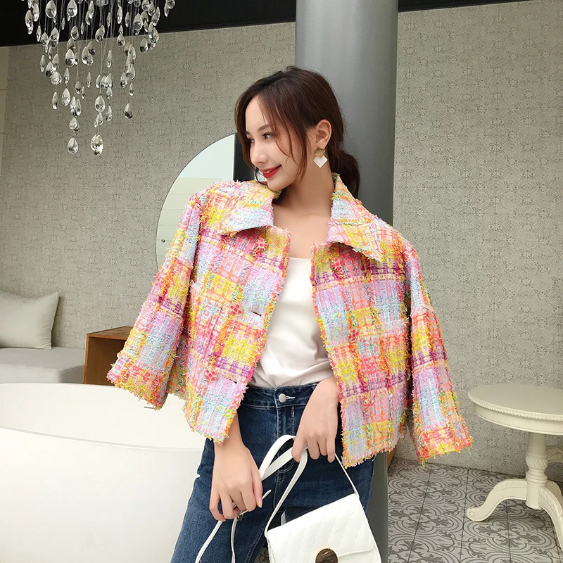 Best 2019 autumn female brand design colorful plaid double breasted tweed coats loose mixed color knitte